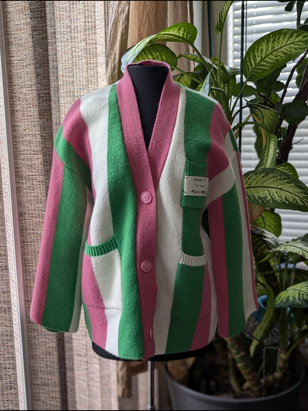 Striped Pink White Green Button Cardigan